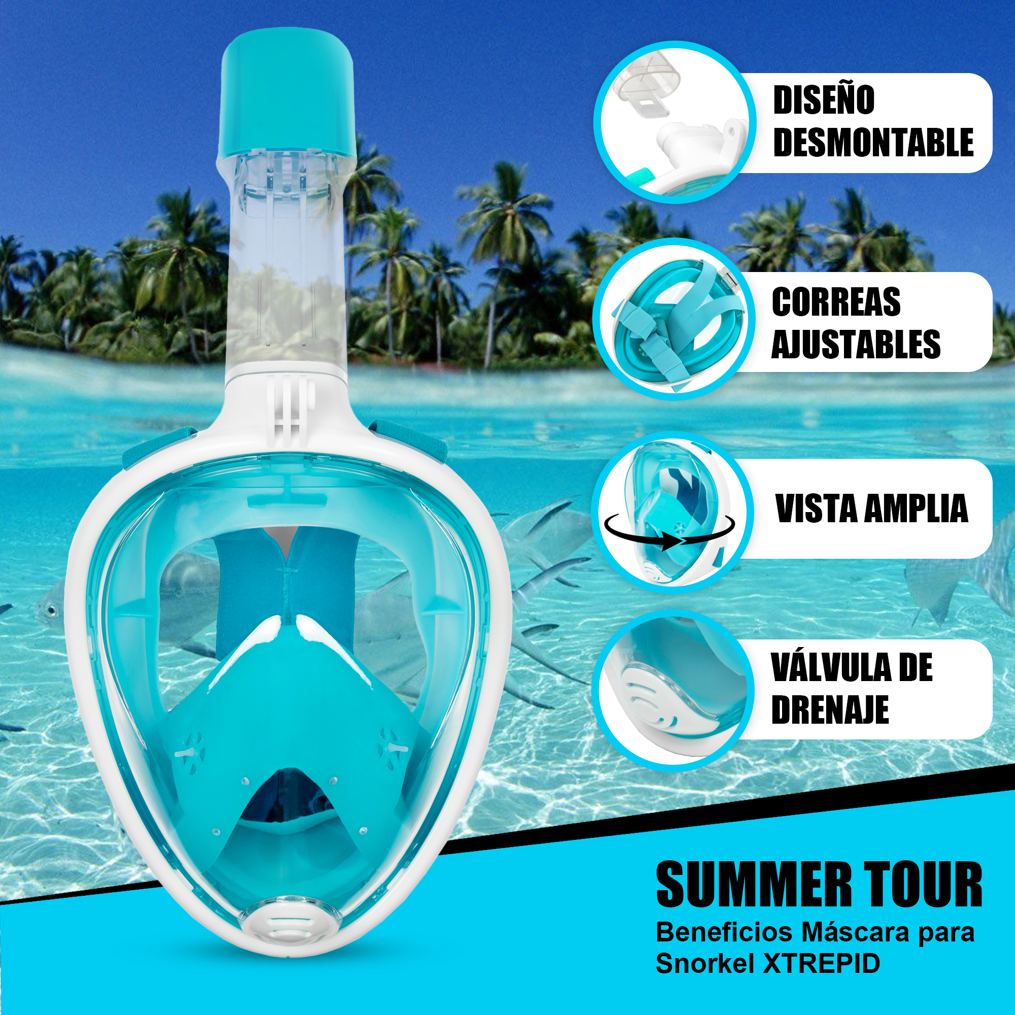 Máscara de Snorkel- Buceo Azul con Anti-Empañante Talla Grande