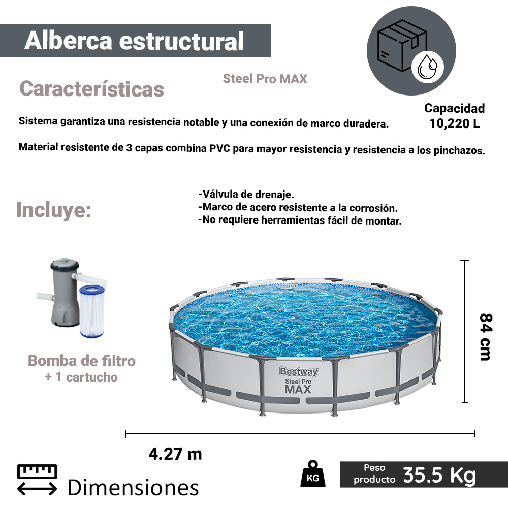 Alberca Circular Estructural Bestway 427 Cm Con Filtro Gris