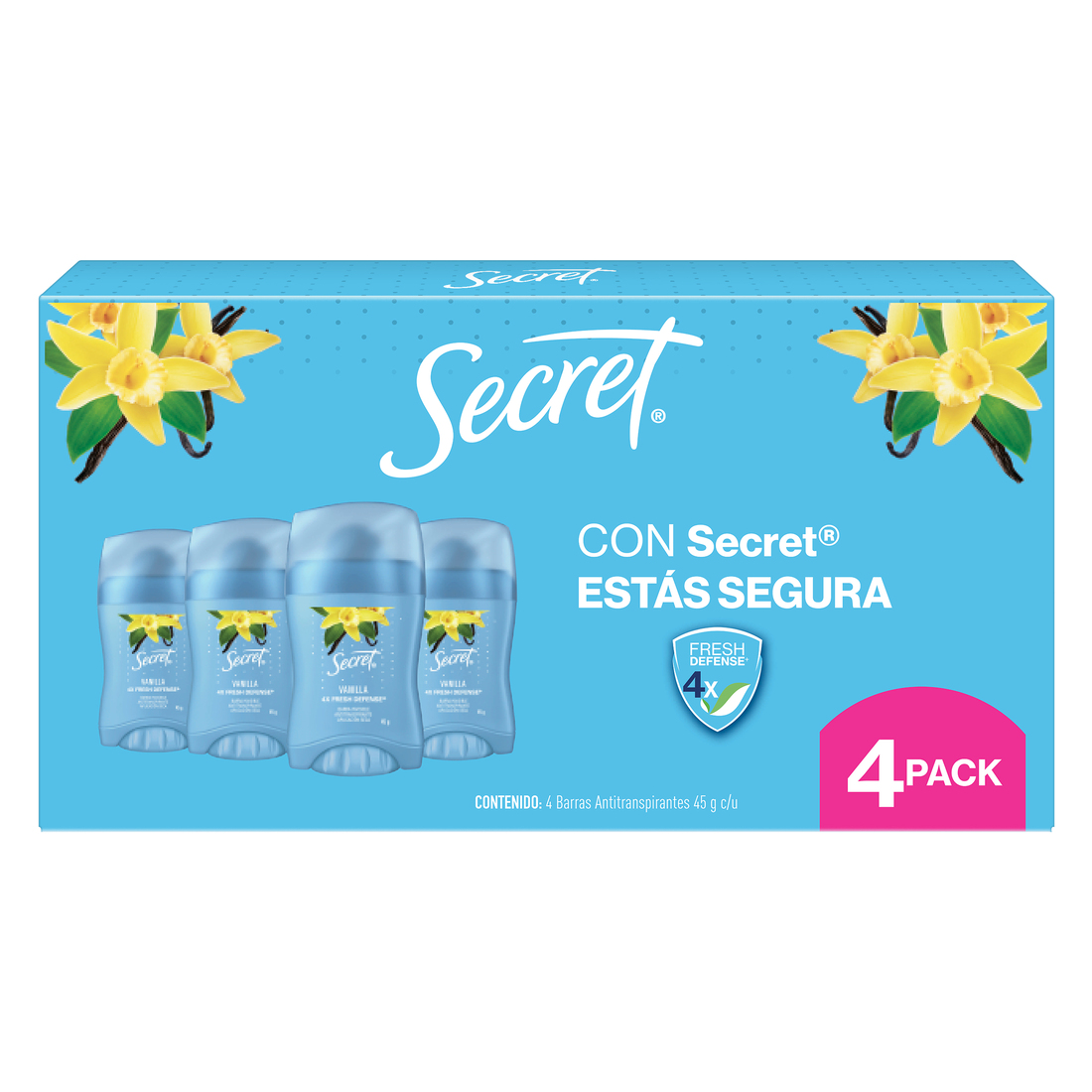 Pack Secret Vainilla Barra Invisible Antitranspirante 45 g, 4 unidades