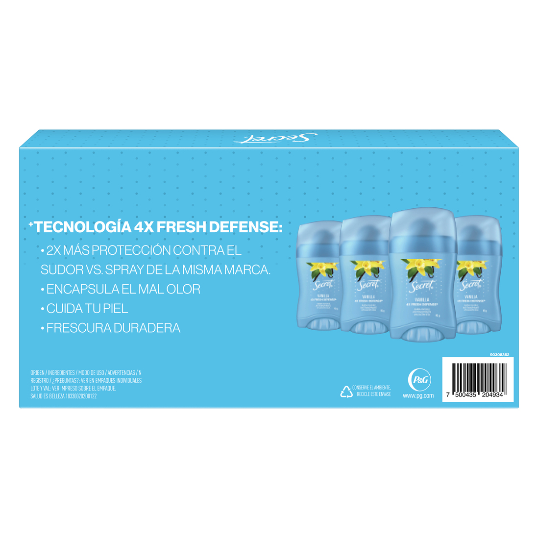 Pack Secret Vainilla Barra Invisible Antitranspirante 45 g, 4 unidades