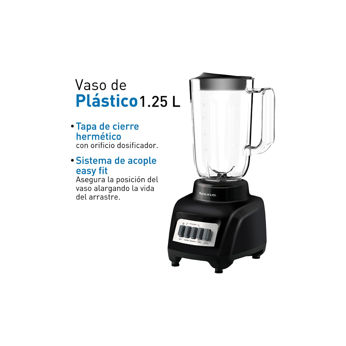 Haley Taurus Licuadora Vaso Plástico de 1.25 litros, 4 Velocidades Color Negro.