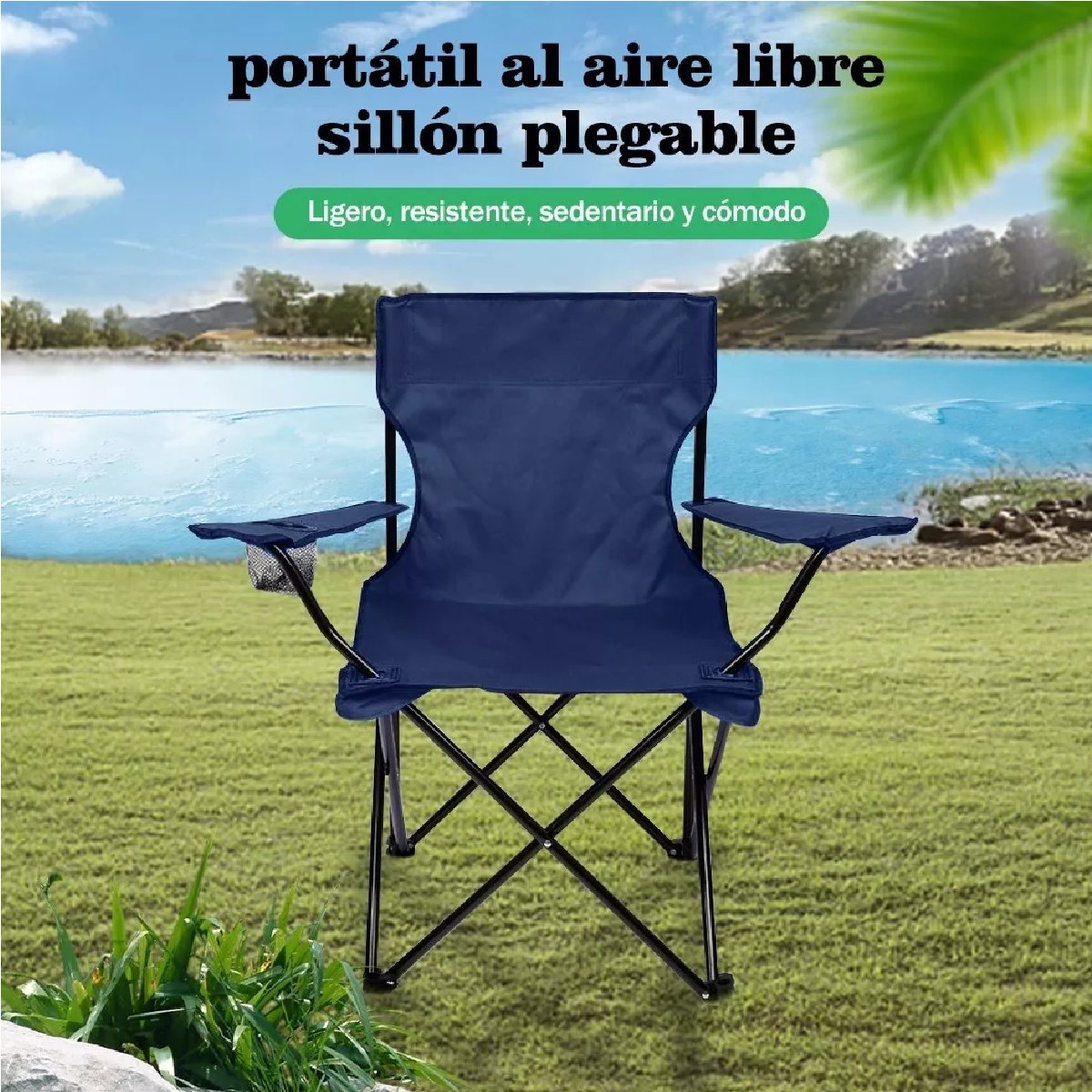 Silla Plegable Para Playa Campismo Incluye Funda Y Portavaso Azul Marino