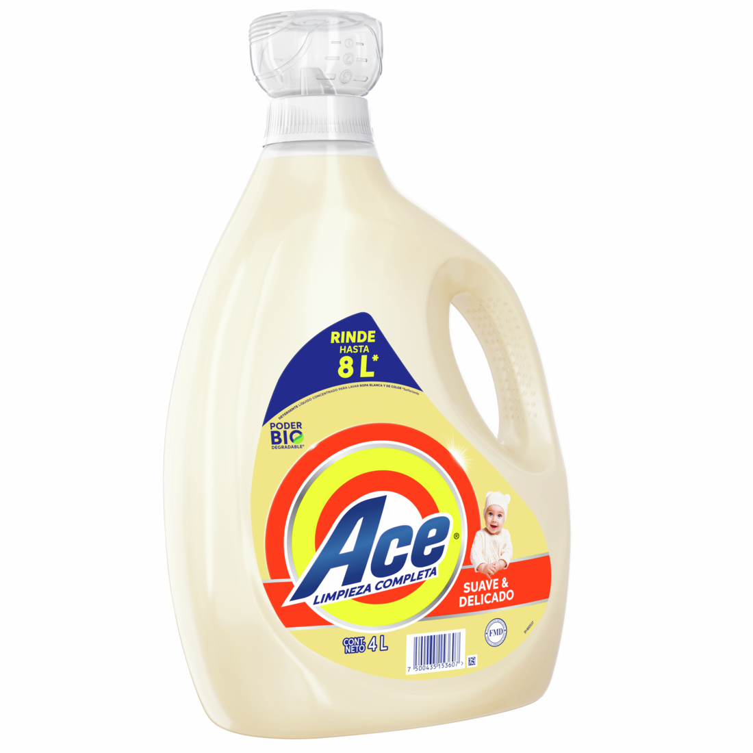 Pack de 2 pzs de Ace Limpieza Completa Suave y Delicado Detergente Líquido Concentrado para Lavar Ropa Blanca y de Color 4L