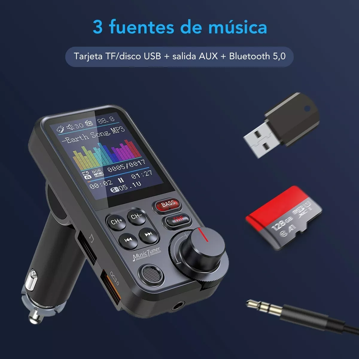 Transmisor Fm Receptor Bluetooth Ecualizador Pantalla Graves