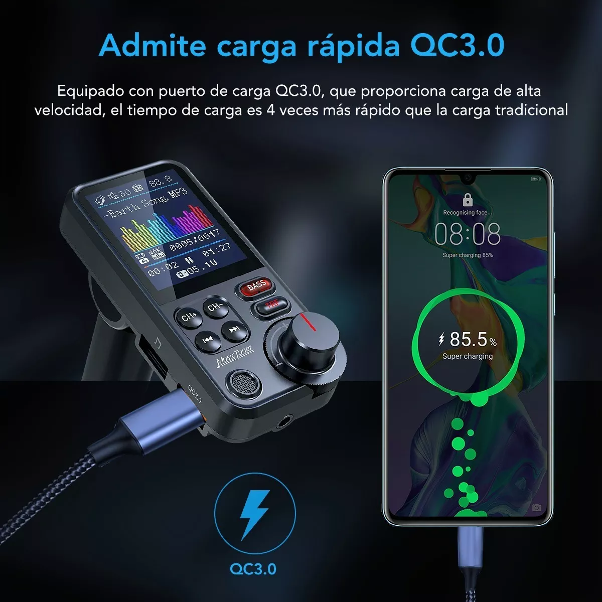 Transmisor Fm Receptor Bluetooth Ecualizador Pantalla Graves