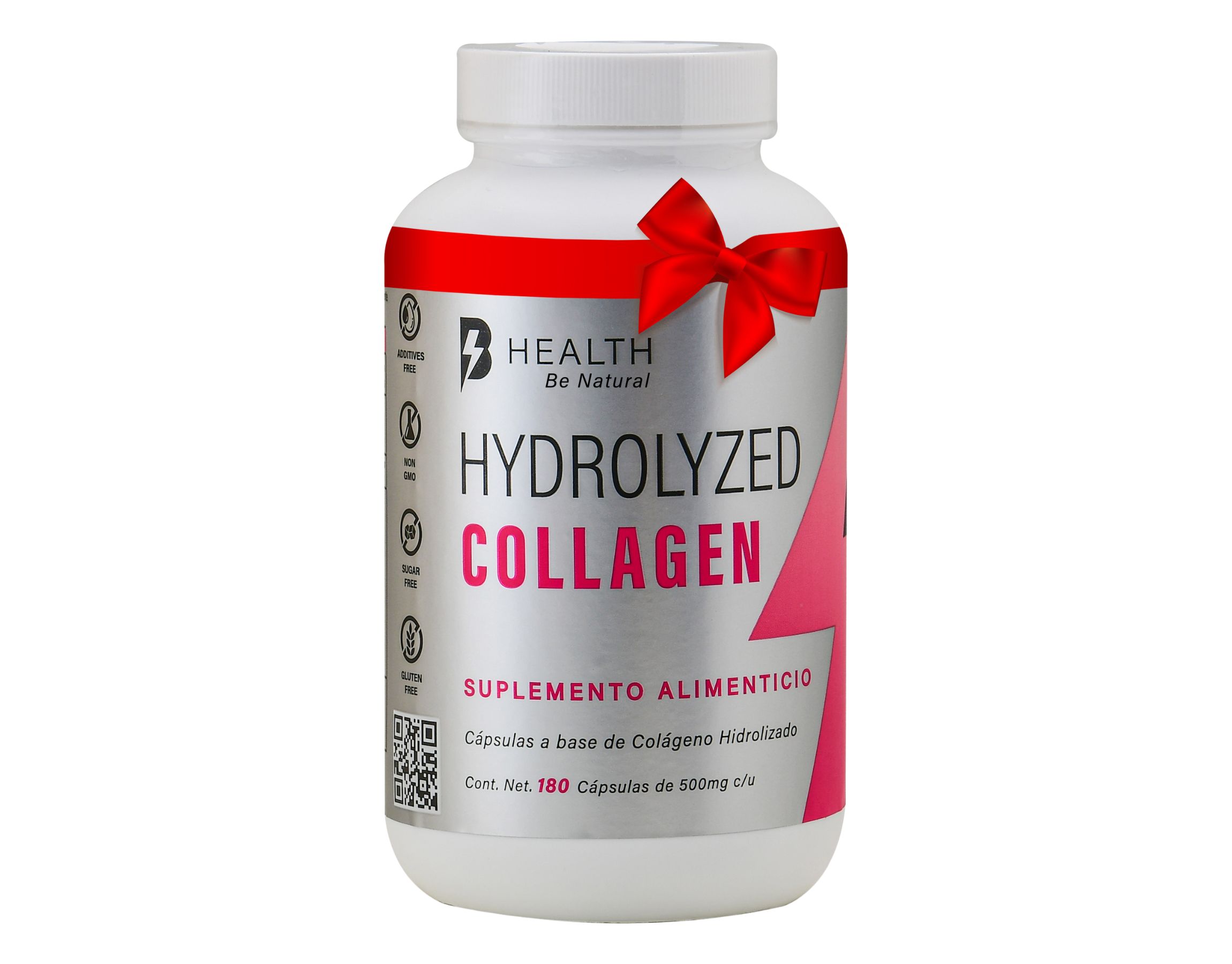 Colágeno hidrolizado con Ácido Hialurónico, Elastina y Vitamina C, Natural, B Health Be Natural, Keto, Sin azúcar -180 cápsulas de 500 mg c/u