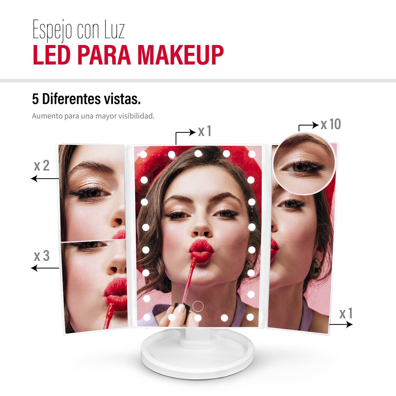 Espejo con luces led para maquillaje con aumentos