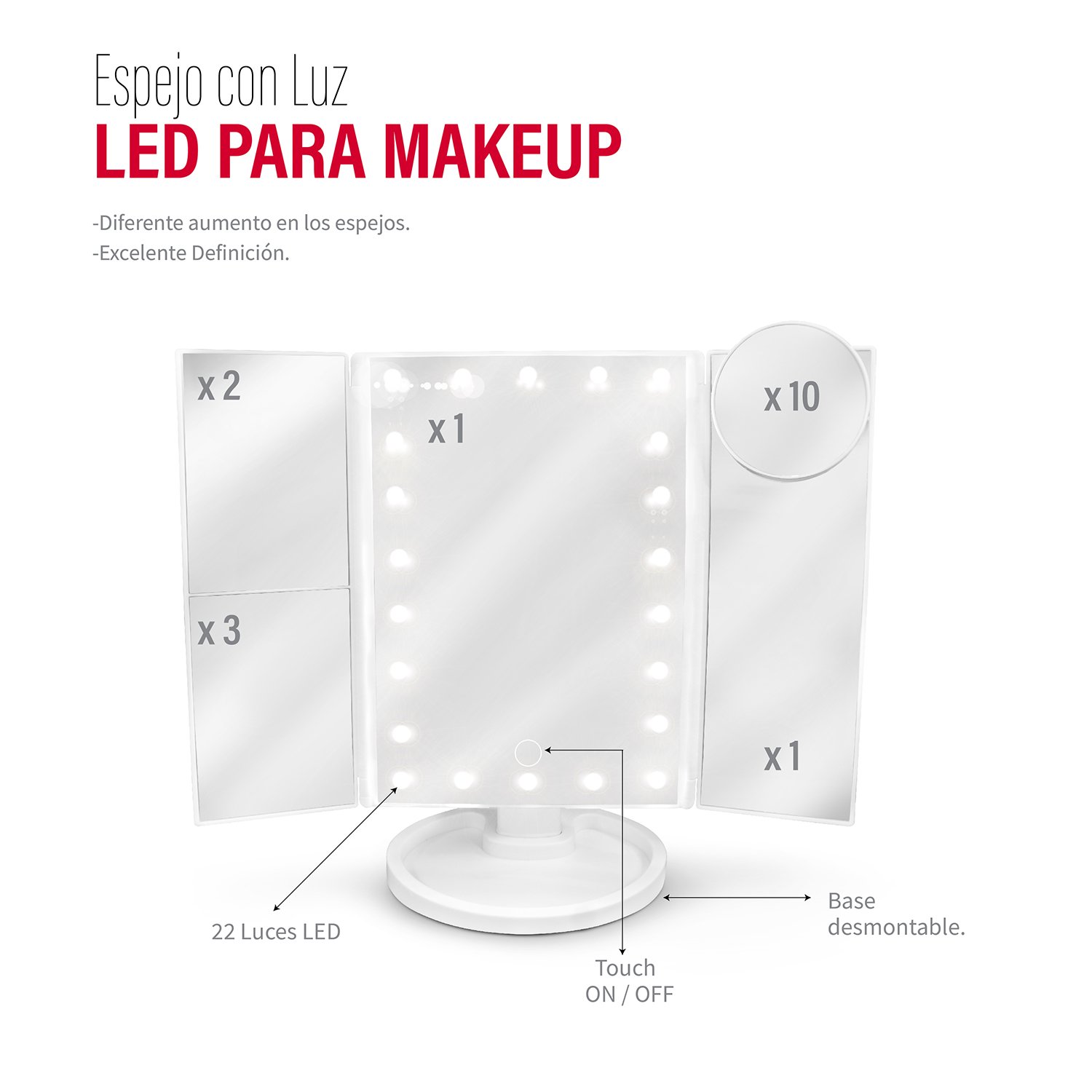 Espejo Maquillaje con Luz, Aumento, Plastico, Luz Led Sensor Tactil (Espejo  Individual)