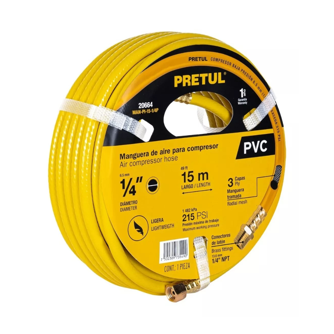 Manguera Para Compresor, Reforzada De Pvc, 15 Mt X 1/4