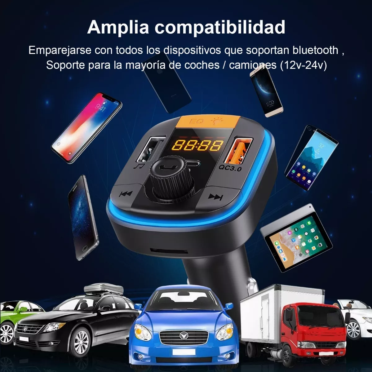Transmisor FM Bluetooth 5.0 manos libres kit de coche con carga rápida QC  3.0 adaptador de radio de coche con micrófono CVC reducción de ruido