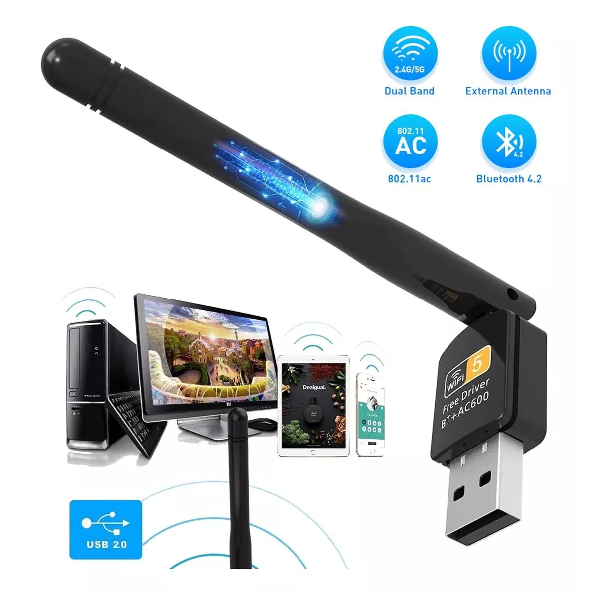 Antena Usb Wifi Adaptador Inalámbricade 600mbps Bluetooth