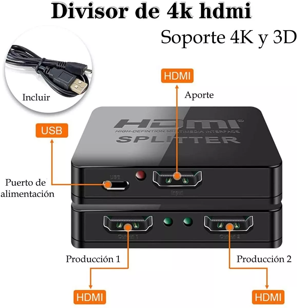 Mini Splitter Hdmi 4k 1 Entrada 2 Salidas Con Amplificador