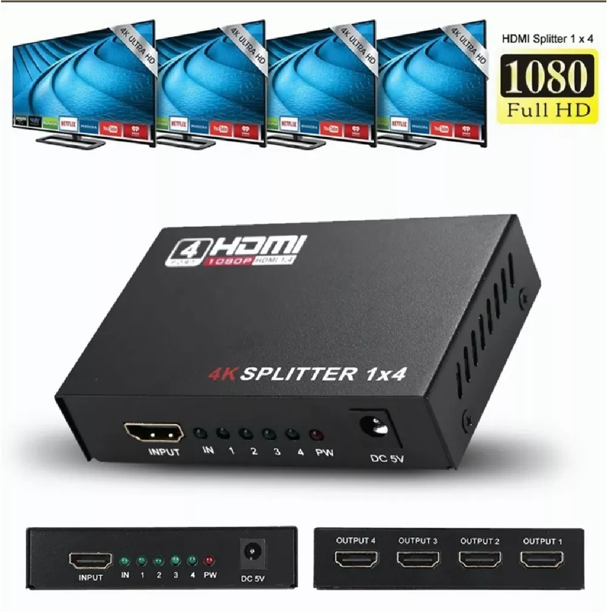 Splitter Hdmi 1x4 1080p Divisor Señal Amplificador Tv Monito
