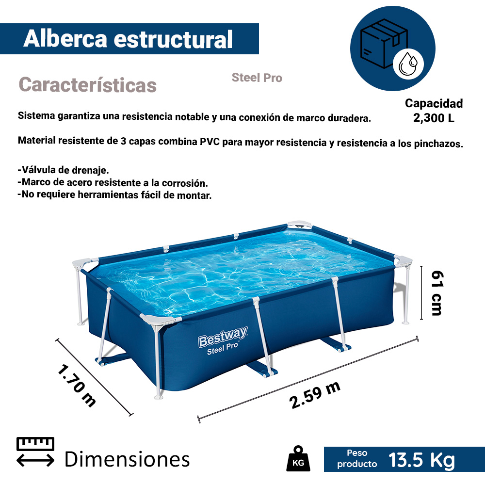 Alberca Grande Rectangular Estructural Bestway 259 Cm Azul 