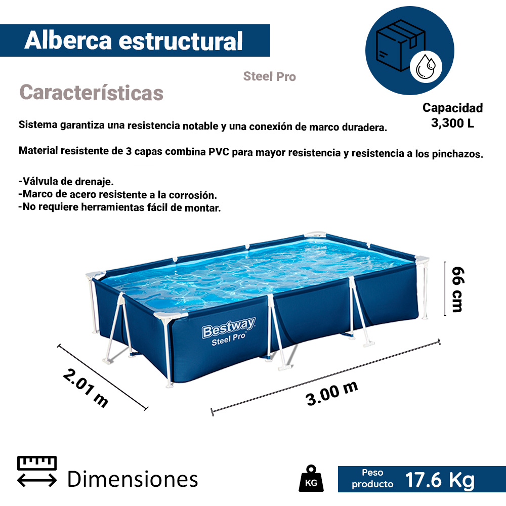 Alberca Familiar Estructural Bestway Steel Pro 300 cm Azul
