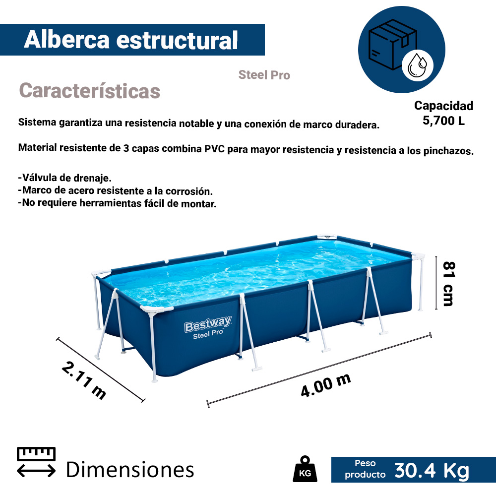 Alberca Rectangular Estructural Grande Bestway 400 Cm Azul