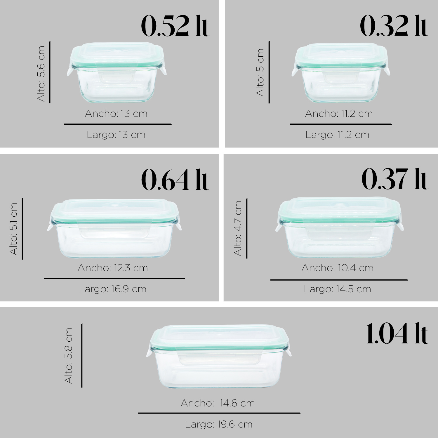 Juego de Contenedores Hermeticos Recipiente de Vidrio 5pzas 