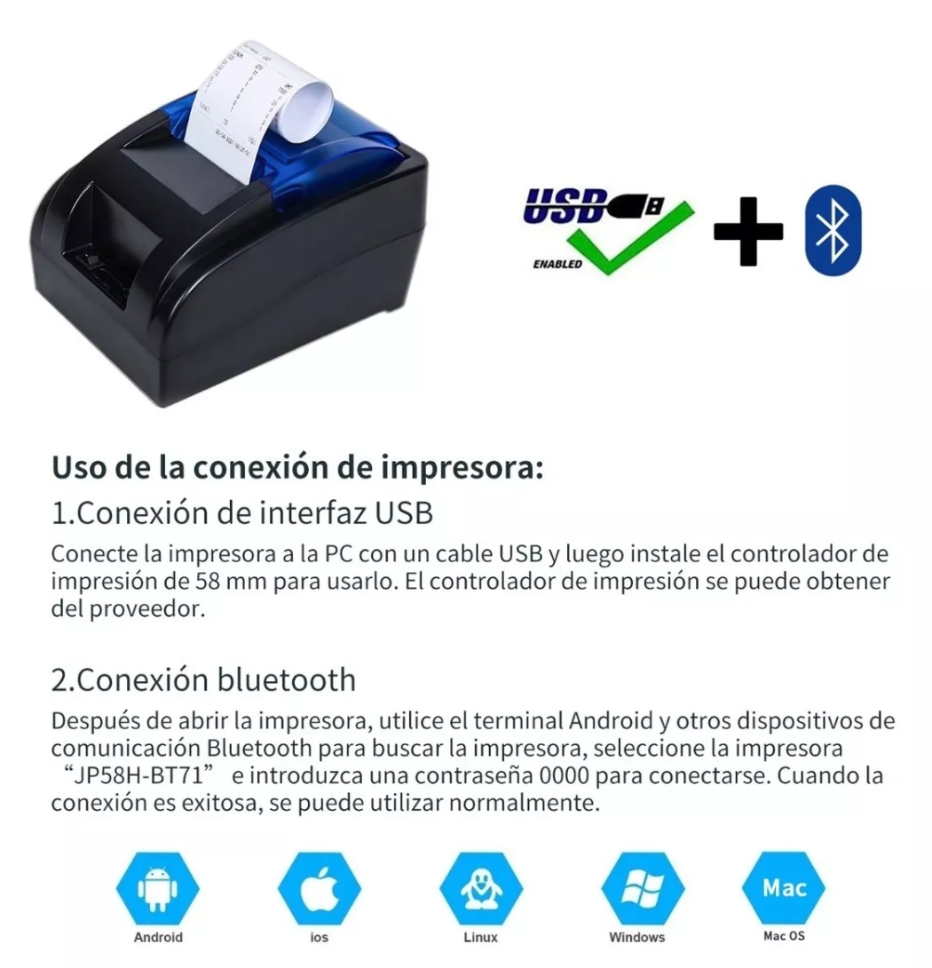 Impresora Térmica Pos Usb De 58 Mm C/bluetooth Para Recibos
