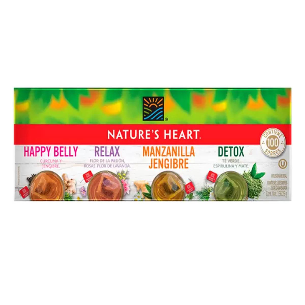 Té 4 sabores, 100 sobres de 1.5 g c/u Nature's Heart