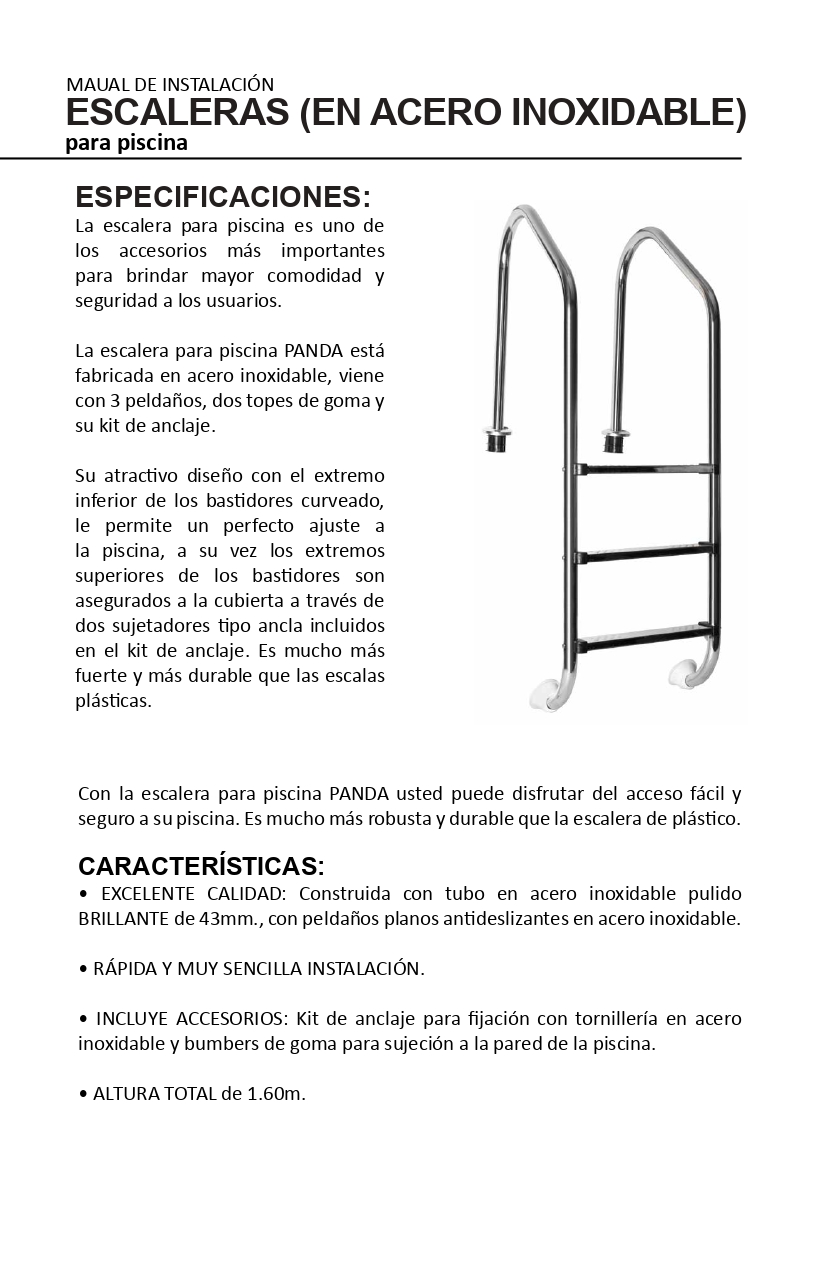 Escalera 3 Peldaños Panda Acero Inoxidable Piscinas Albercas