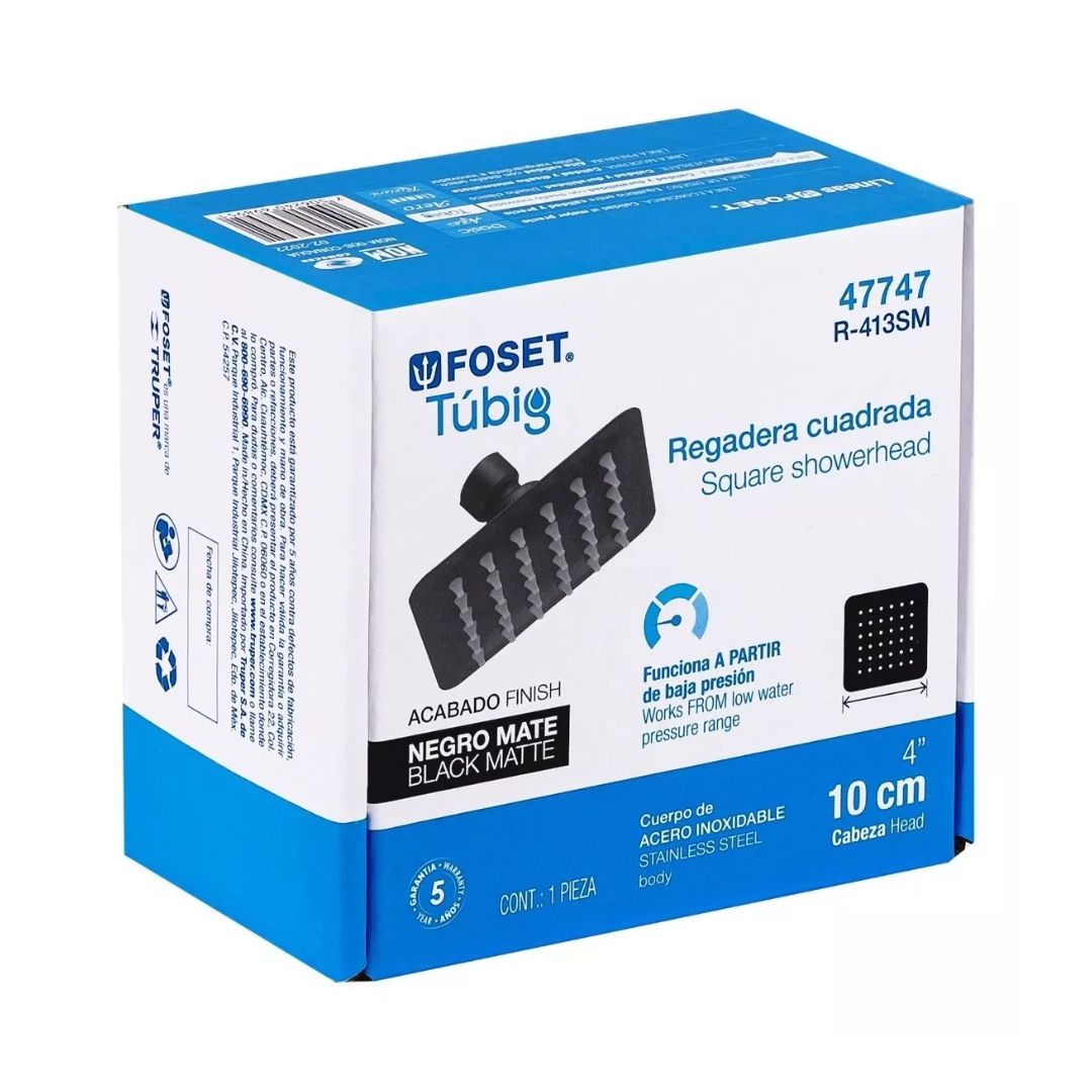 Regadera Cuadrada 4', Acero Inox, Sin Brazo, Negro Mate