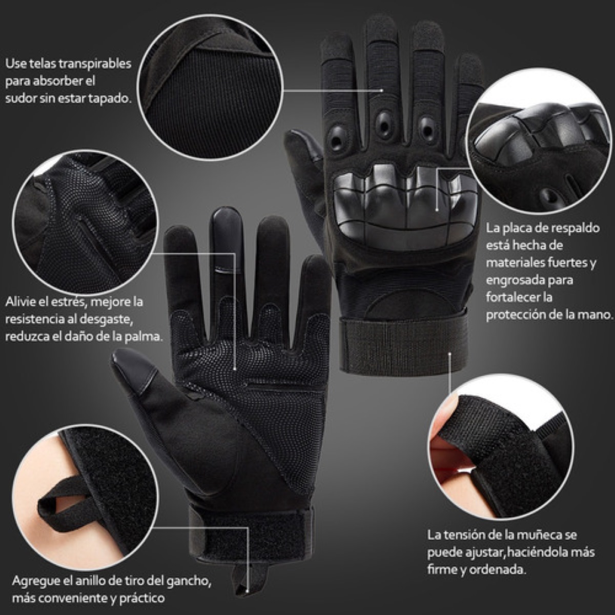 Guantes Tácticos para Motocicleta Militares Con Cobertura Completa talla L  Negro