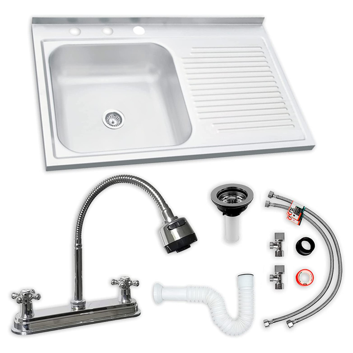 CNX - Kit Completo de Fregadero de Cocina Derecho para Sobreponer y Mezcladora