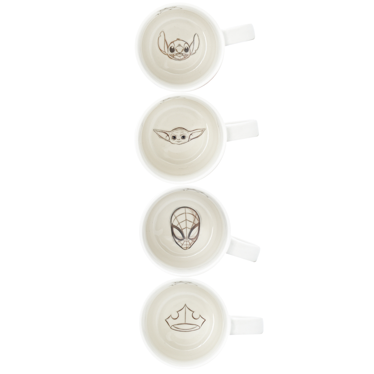 Fun Kids 1754-74 Juego de 4 tazas Porcelana Apilables Colección Disney 100 Spider Man, Stitch, Rapunzel y Baby Yoda 320ml 