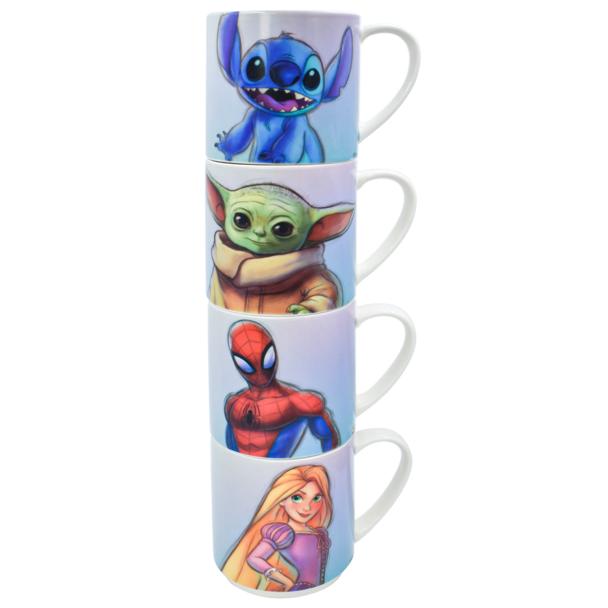 Fun Kids 1754-74 Juego de 4 tazas Porcelana Apilables Colección Disney 100 Spider Man, Stitch, Rapunzel y Baby Yoda 320ml 