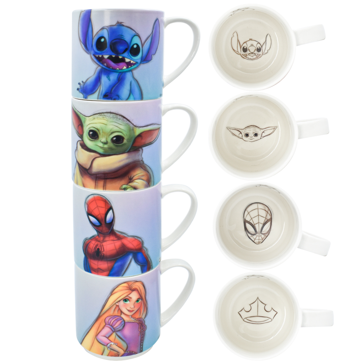 Fun Kids 1754-74 Juego de 4 tazas Porcelana Apilables Colección Disney 100 Spider Man, Stitch, Rapunzel y Baby Yoda 320ml 