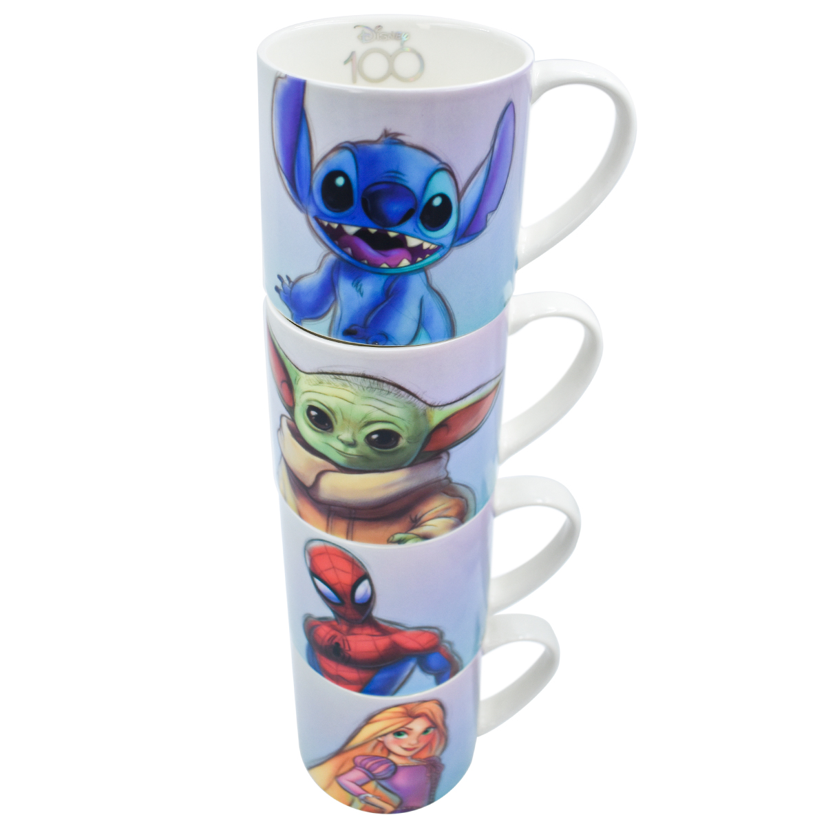 Fun Kids 1754-74 Juego de 4 tazas Porcelana Apilables Colección Disney 100 Spider Man, Stitch, Rapunzel y Baby Yoda 320ml 