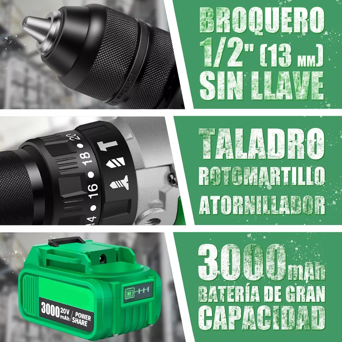 Set Taladro Rotomartillo 1/2'' Con 3.0ah Batería Bolsa herramientas