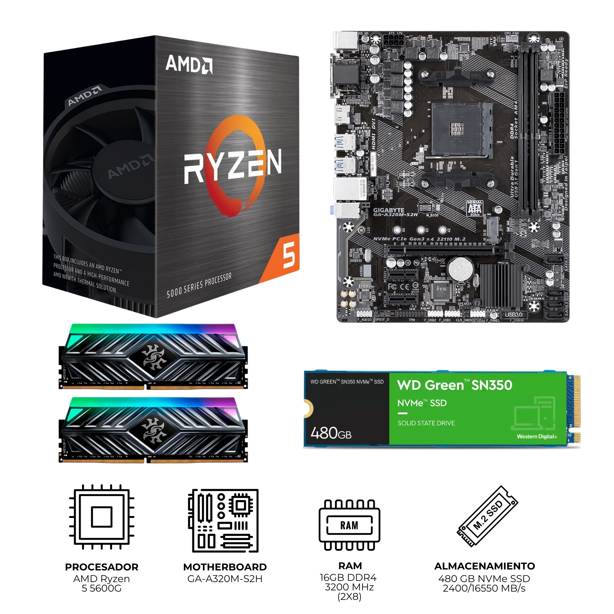 Kit de Actualización - AMD Ryzen 5 5600G, Asus Prime A320M-K, XPG SPECTRIX D41 RGB 16GB (2X8), WD Green SSD NVMe 480GB