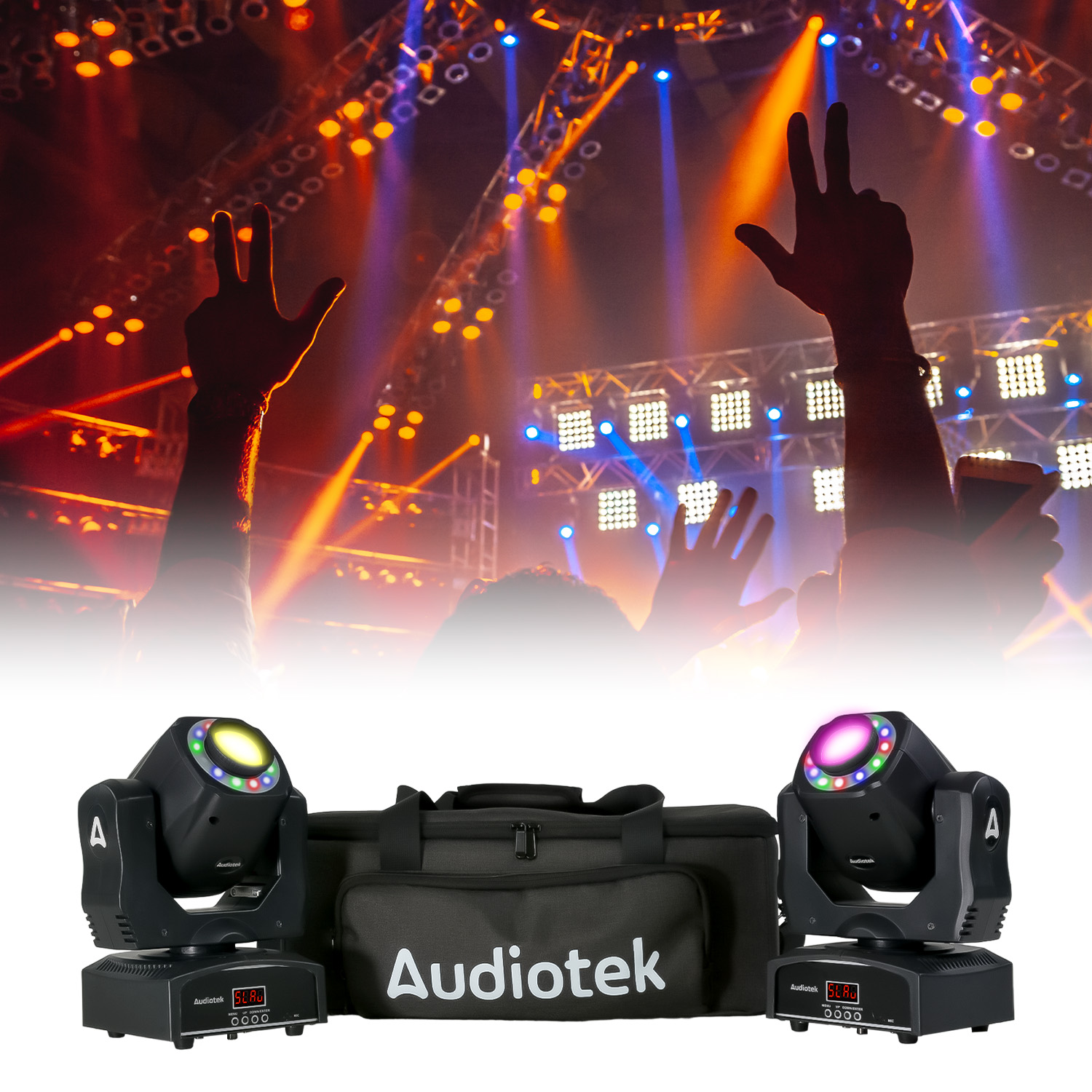 Set 2 Cabezas Movil Aro Rgb Robotica 90w Con Mochila