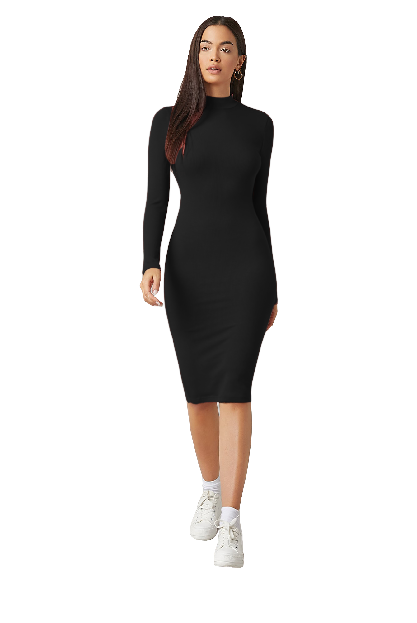 Vestido Largo Ajustado Manga Larga Cuello Alto Casual Sexy