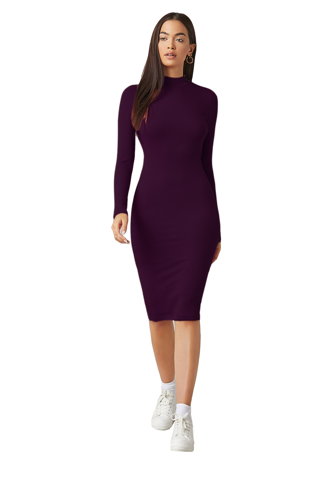 Vestido Largo Ajustado Manga Larga Cuello Alto Casual Sexy