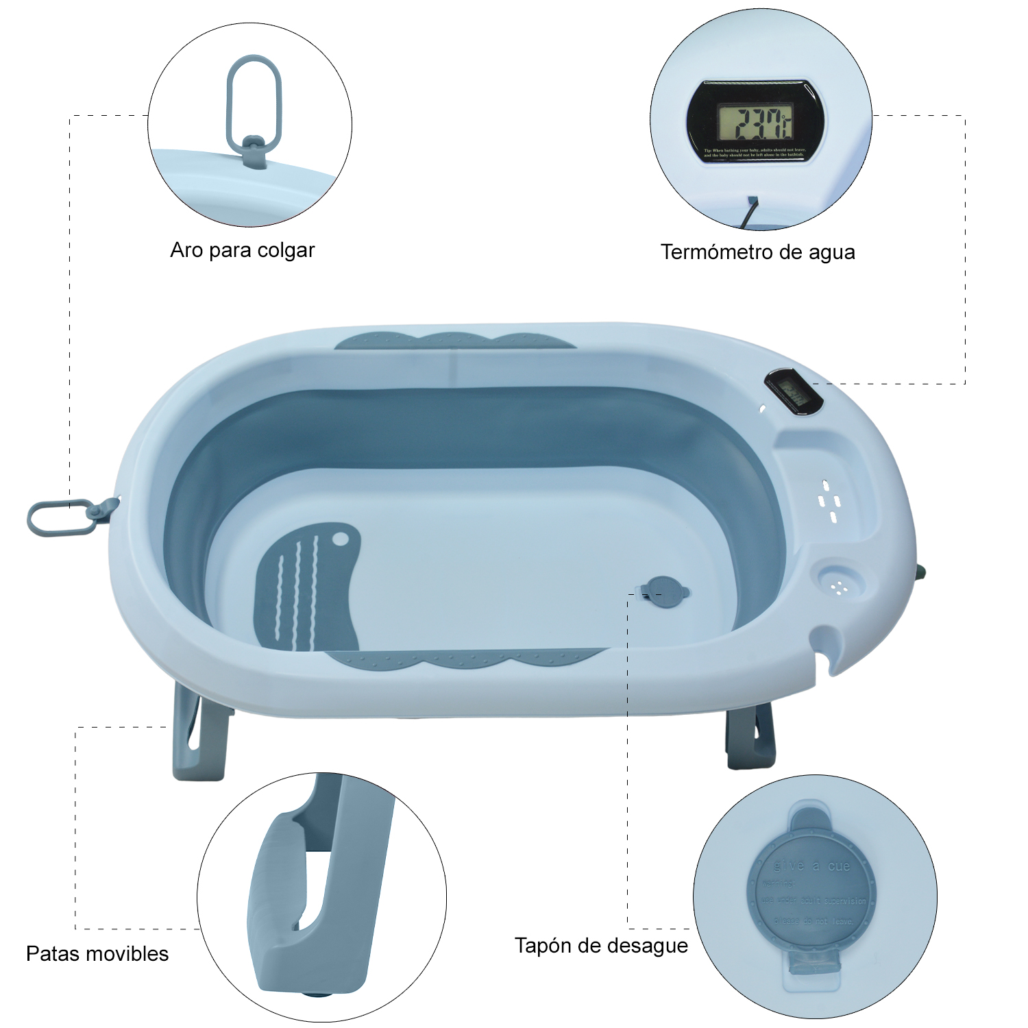 Tina Bañera Bebe Antiderrapante Portatil Regadera Plegable Azul