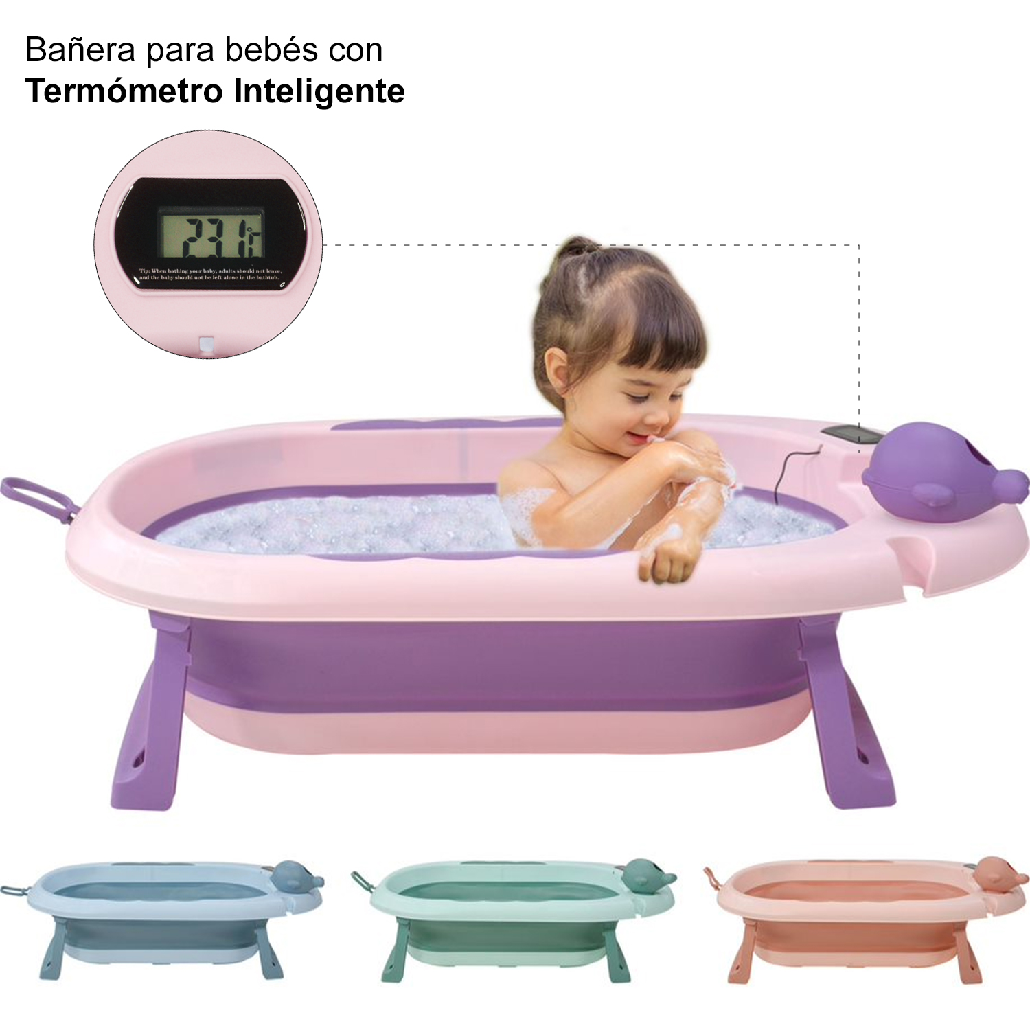 Bañera para bebé plegable con termómetro y soporte para pared con