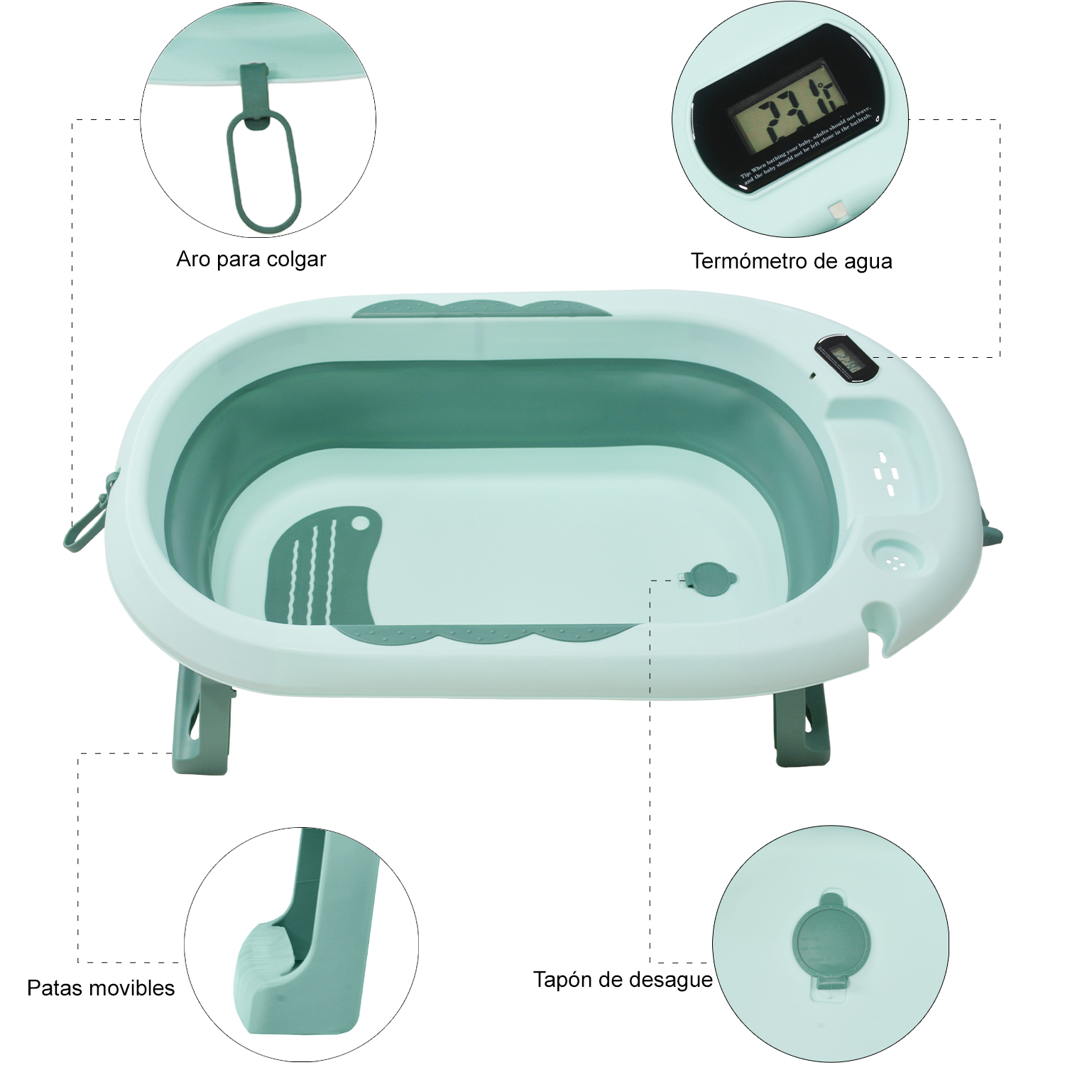Tina Bañera Bebe Antiderrapante Portatil Regadera Plegable Verde