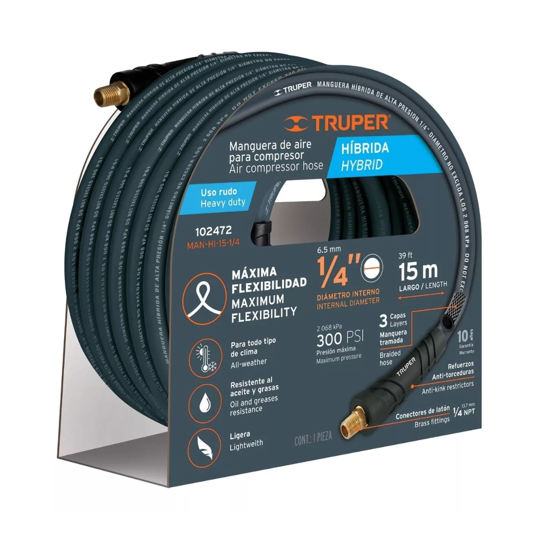 Rollo De Manguera Para Compresor De 1/4, 15 Mt Hibrida
