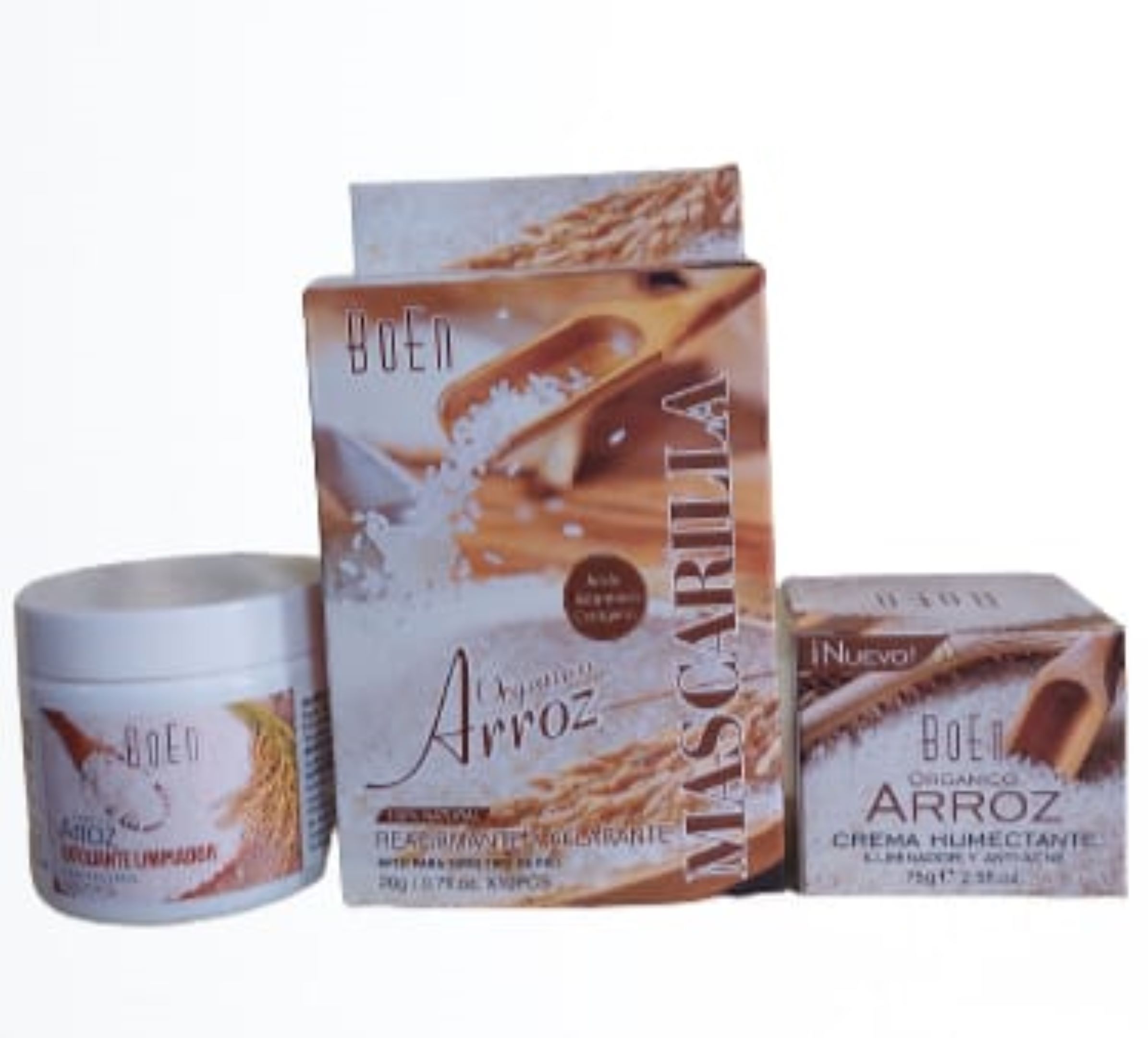 PAQUETE 3 PIEZAS: Gel Exfoliante Limpiador Cara y Cuello de Arroz Orgánico 200g MAS Caja con 10 Sobres Mascarilla Reafirmante y Aclarante de Arroz Orgánico 20g MAS Crema Humectante de Arroz Orgánico 75g