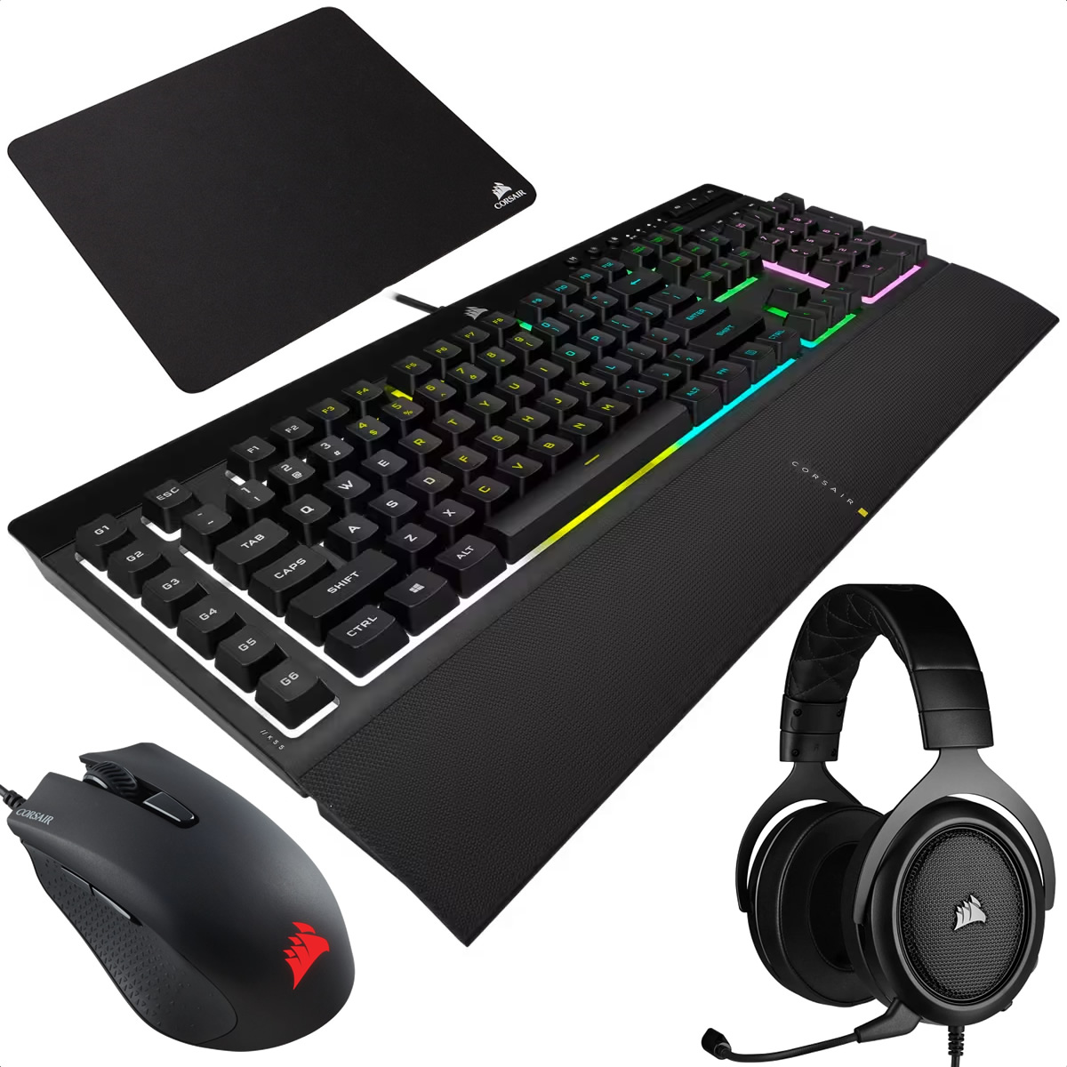 Kit Corsair Teclado K55 RGB PRO + Mouse Harpoon RGB PRO + Diadema HS50 PRO Stereo + MousePad MM100 Gaming Bundle 4 En 1 CH-9226A65-SP