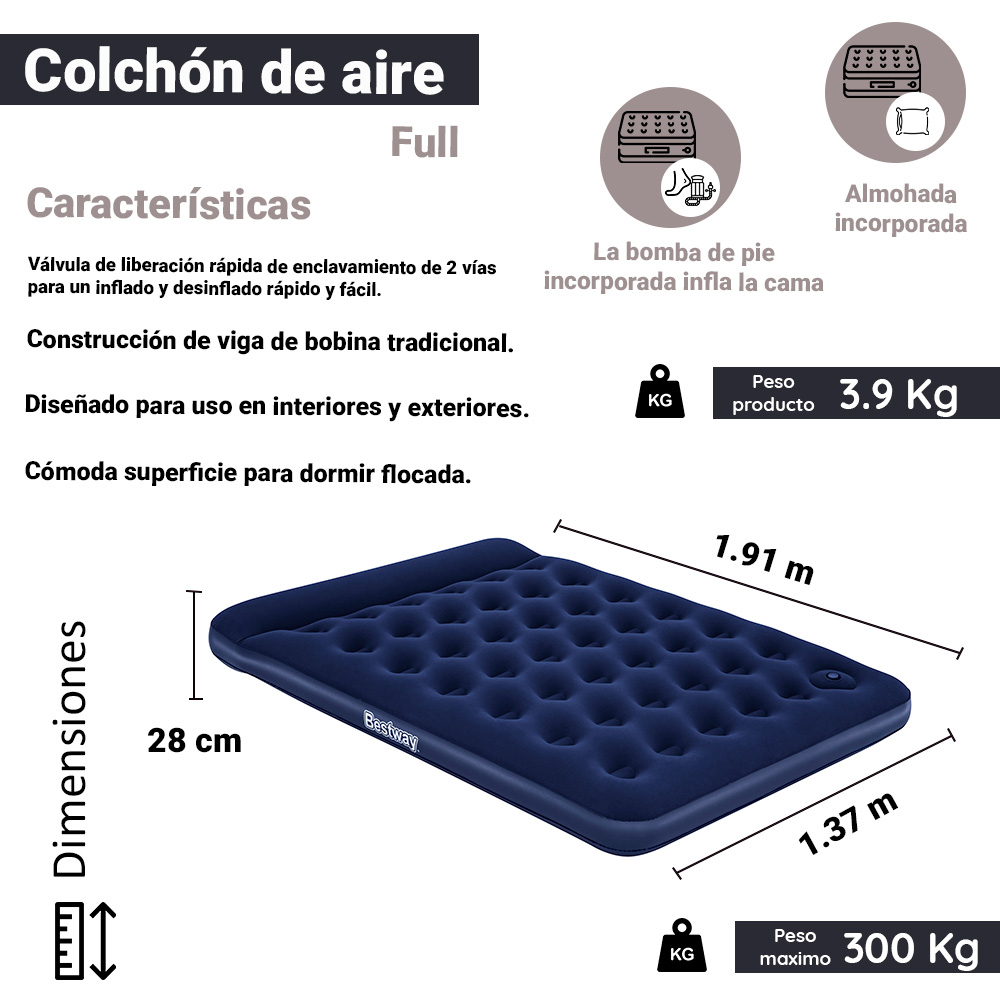 Colchón Inflable Matrimonial Bestway Con Bomba Pie Integrada