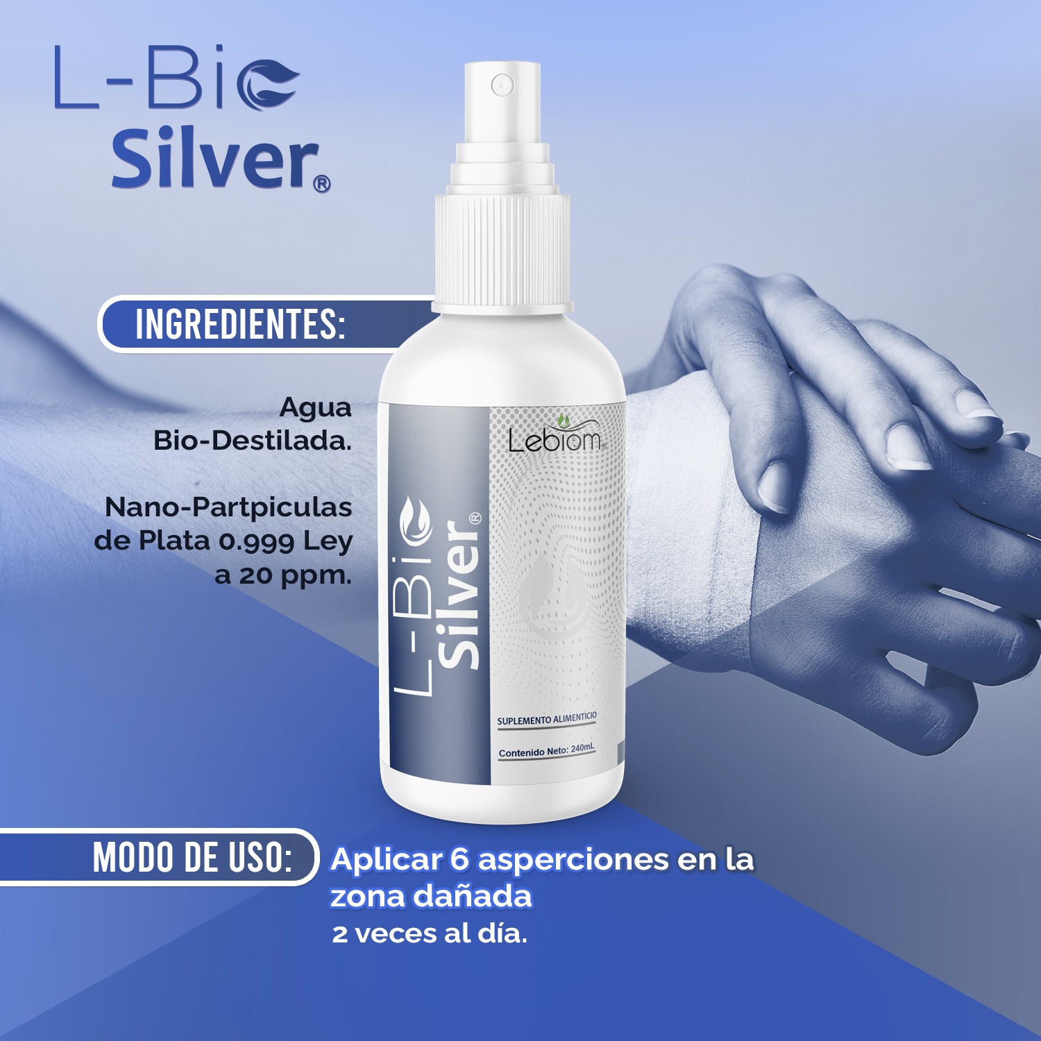 Plata Coloidal Agua destilada, trata heridas Silver 240 ml Lebiom