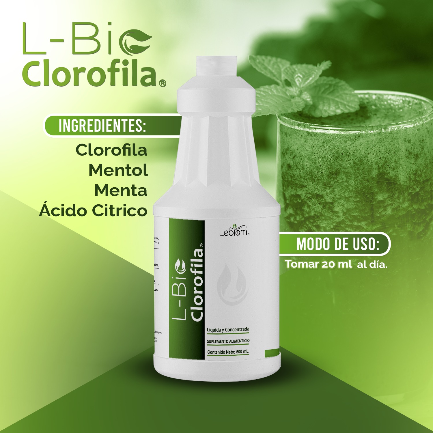 Clorofila 500 ml Mejora digestion, Bacterias estomacales Lebiom