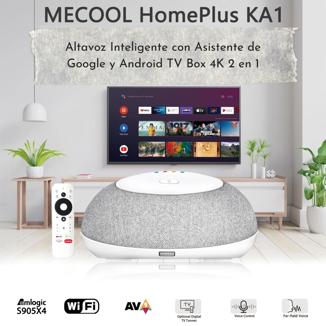 Home Plus KA1 OTT Altavoz Inteligente con Asistente de Google y Android TV Box 4K 2 en 1 MECOOL
