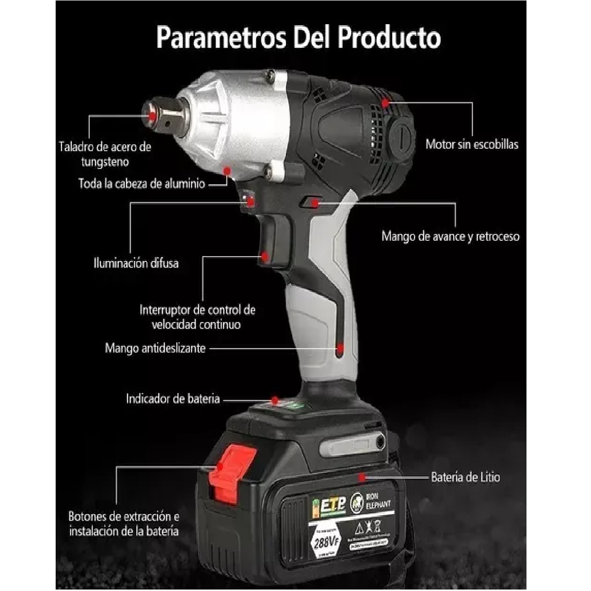 Kit Llave De Impacto Inalámbrico Eléctrico 288vf 2 Baterías