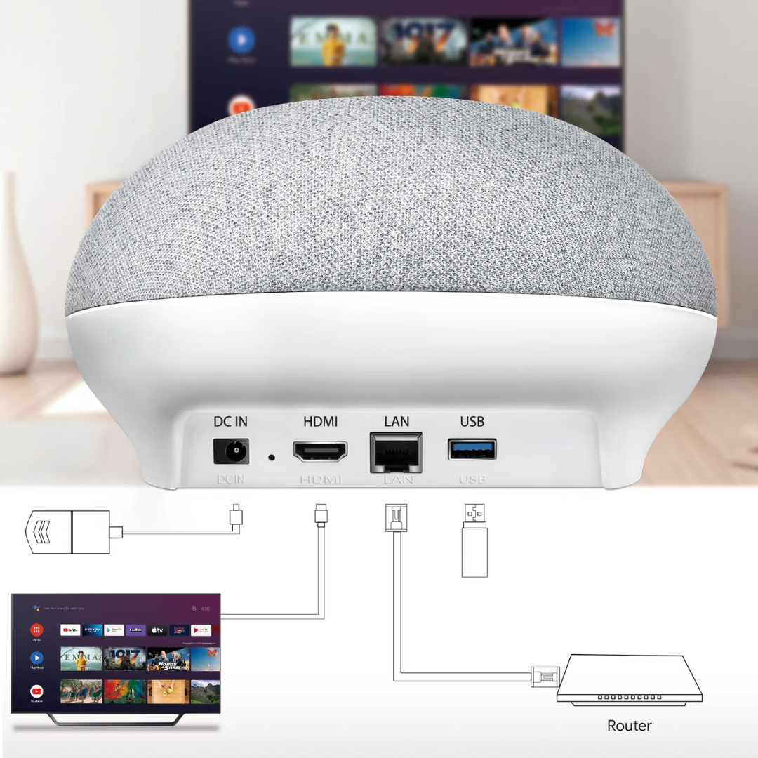 Home Plus KA1 OTT Altavoz Inteligente con Asistente de Google y Android TV Box 4K 2 en 1 MECOOL