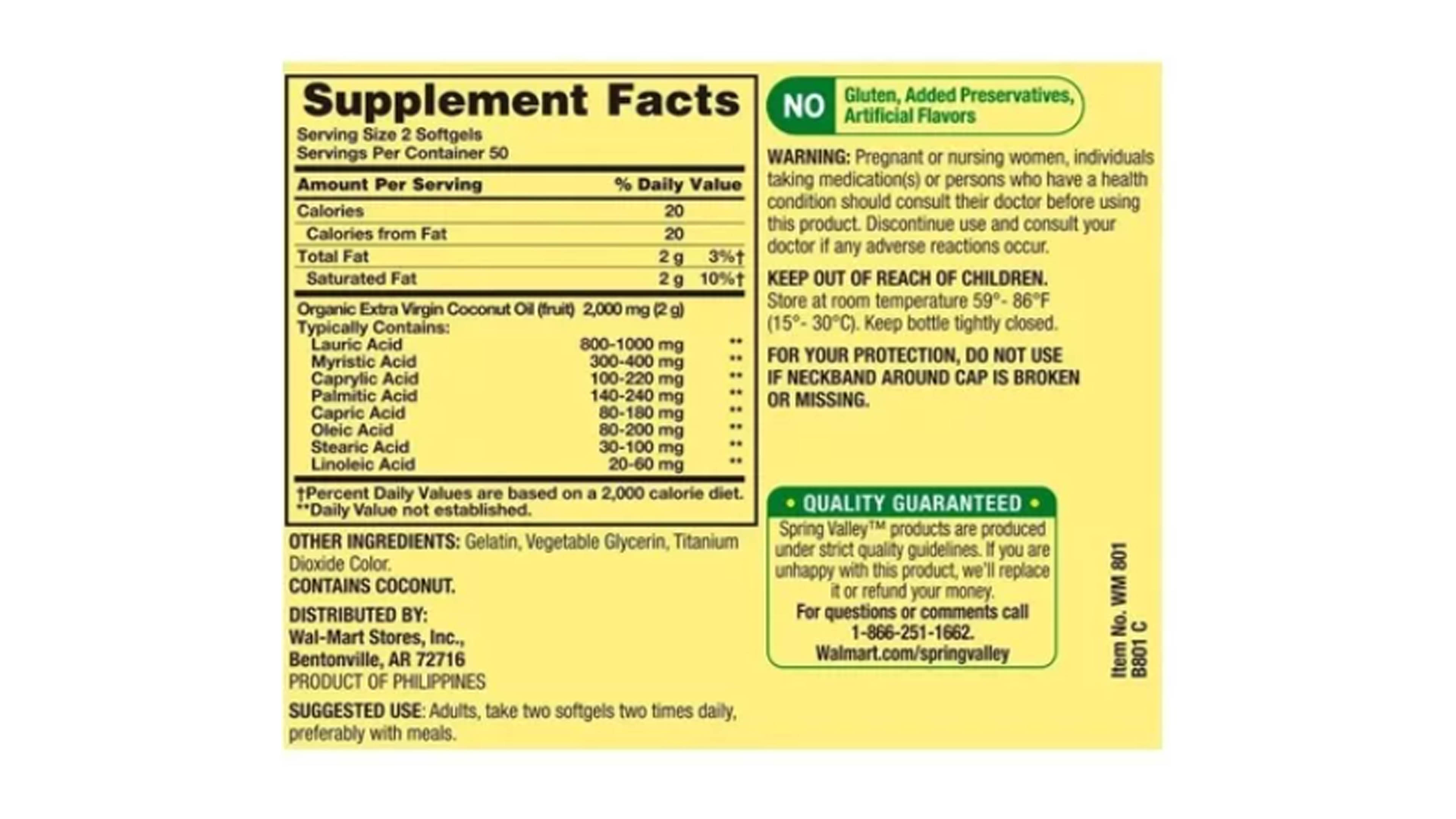 Aceite De Coco 1000mg Spring Valley 100 Softgels Coconut Oil 