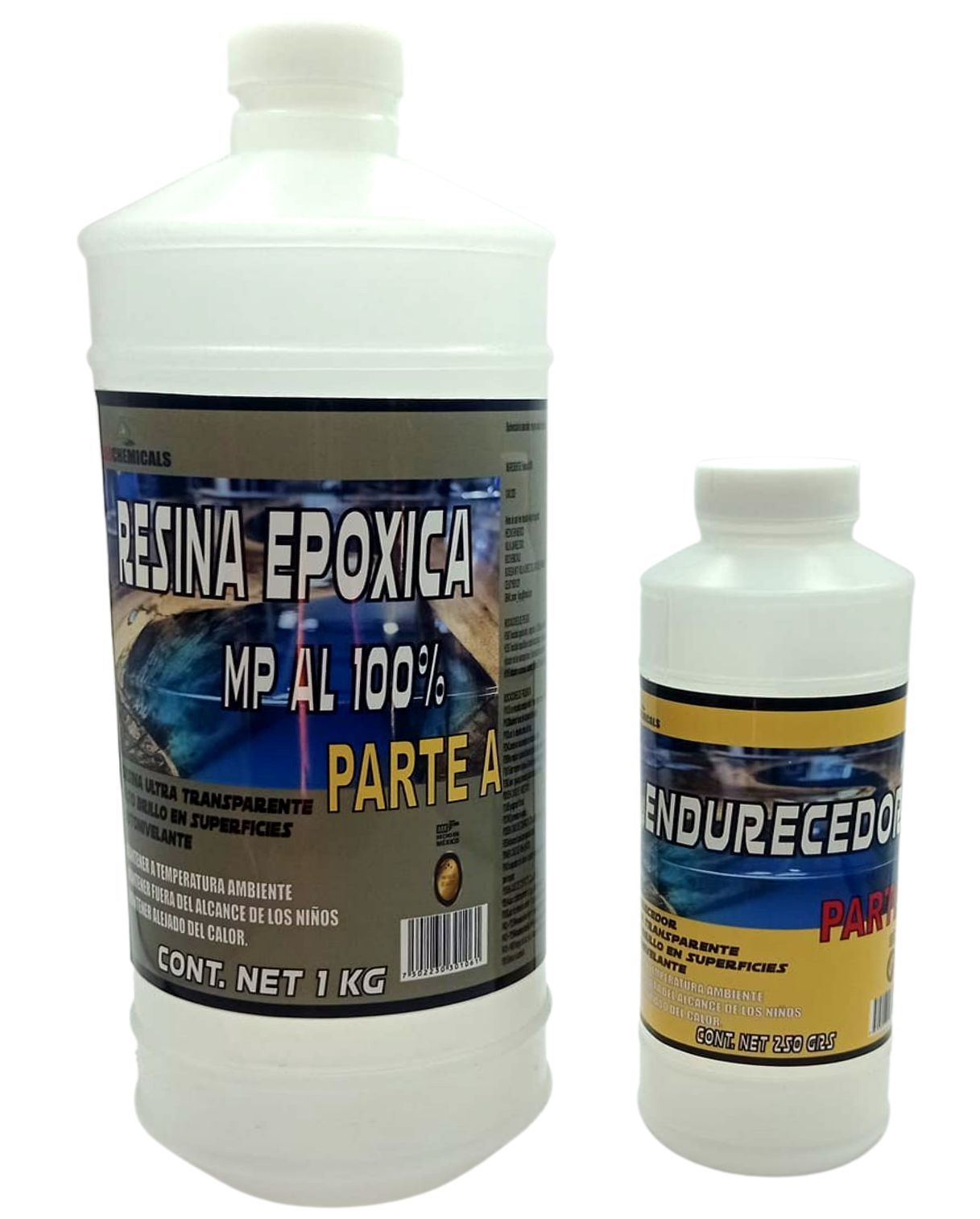 RESINA EPOXICA ULTRA TRANSPARENTE MP 100% 1 KG Y ENDURECEDOR 2 BOTELLAS DE 250 GRS C/U